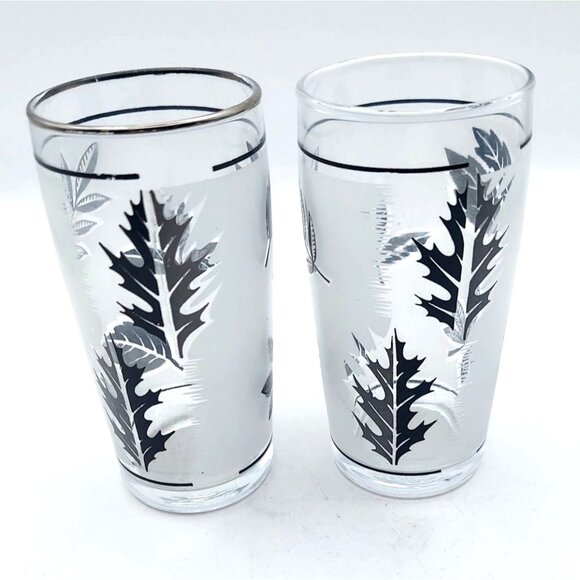Libbey Silver Leaf Frosted Juice Glasses 4 Inch Tumblers Set of 2 Vintage MCM - Picture 2 of 6